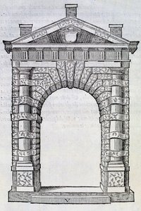 Porta dupla com colunas individuais entrelaçadas, de &39;Libro Estraordinario&39;, 1565